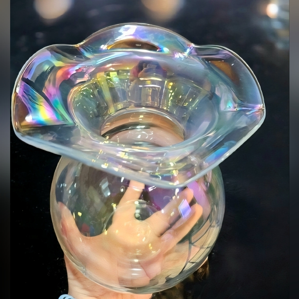Vintage Soft Hand Blown Iridescent Glass Ruffle Vase Italy